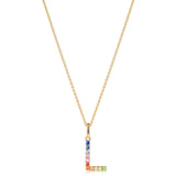 Multi coloured sapphire initial pendant (L) in 9ct yellow gold