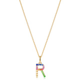 Multi coloured sapphire initial pendant (R) in 9ct yellow gold