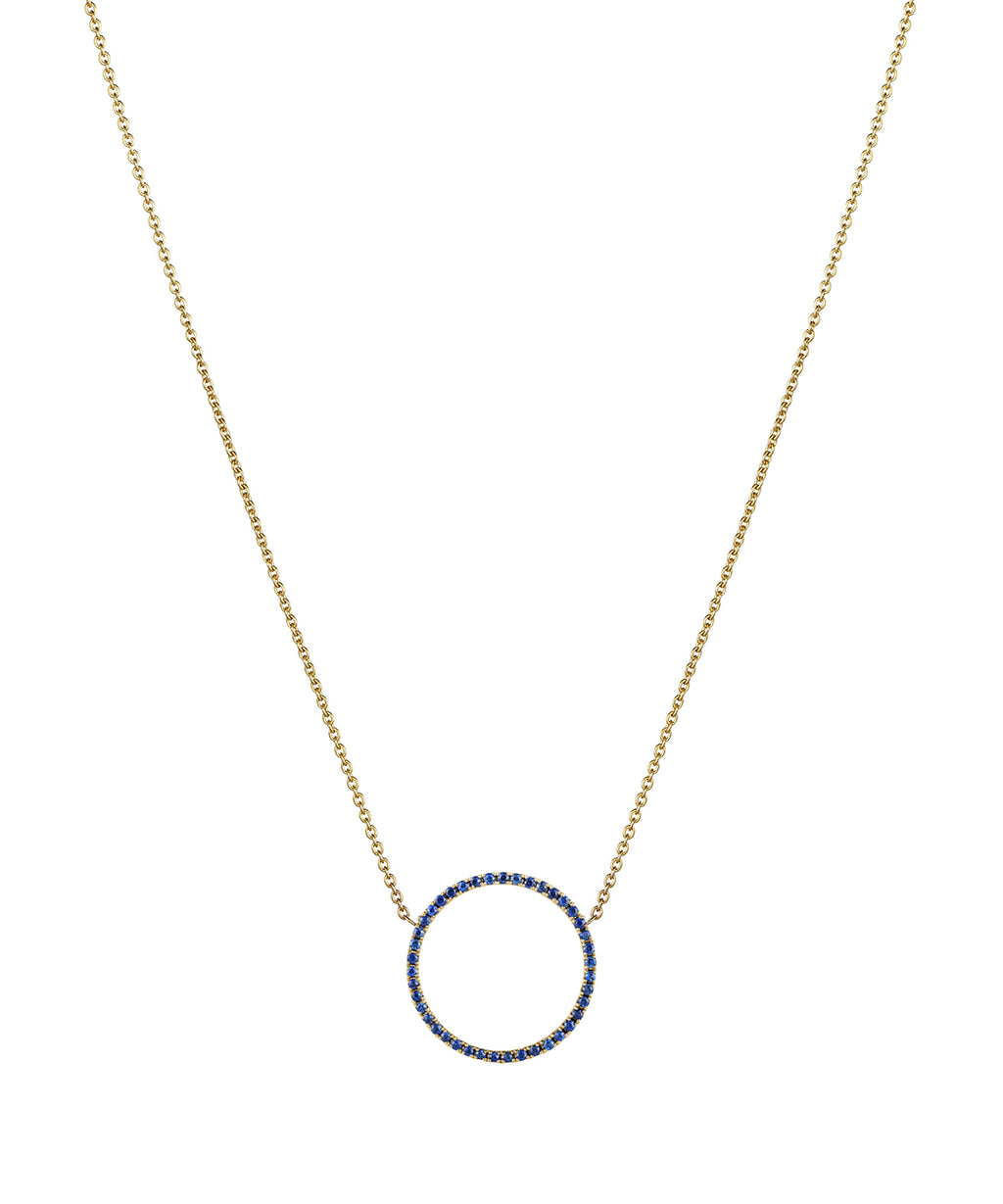 16mm blue sapphire circle pendant 18ct yellow gold