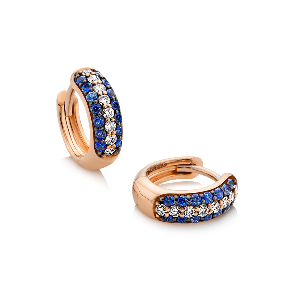 3-row pavé blue sapphire & white diamond Gemopoli Huggies rose gold