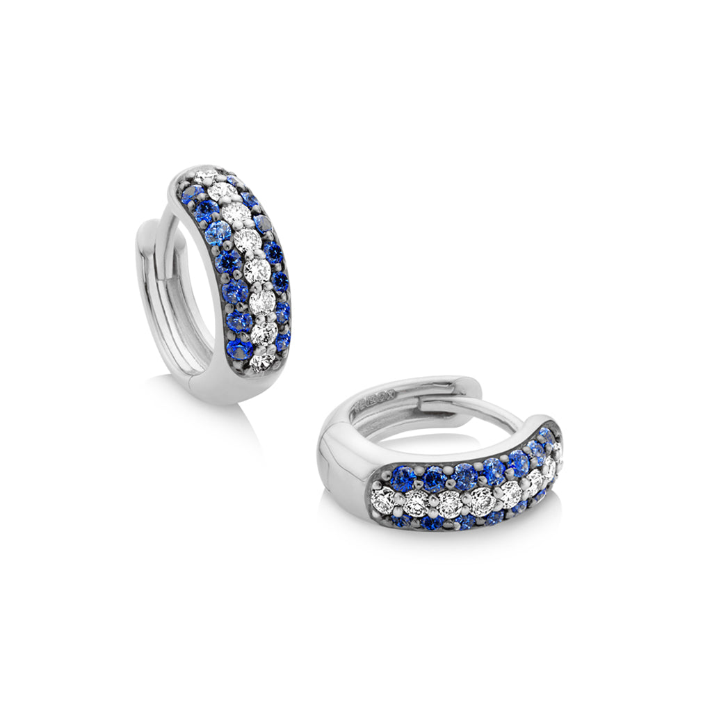 3-row pavé blue sapphire & white diamond Gemopoli Huggies white gold