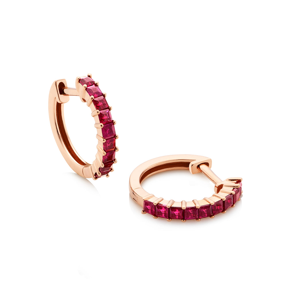 18ct rose gold ruby round hoops 14mm