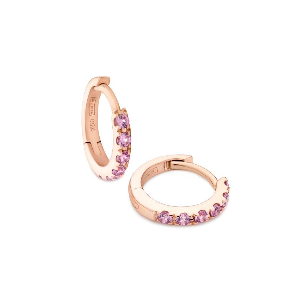 Pink sapphire huggie earrings in 18ct rose gold on white background