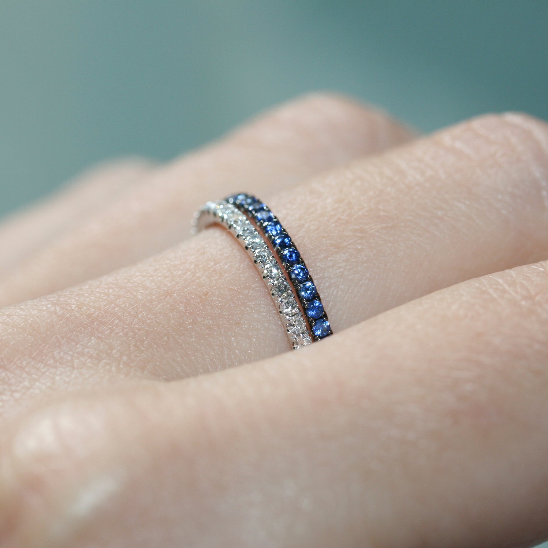 stackable diamond and sapphire eternity band