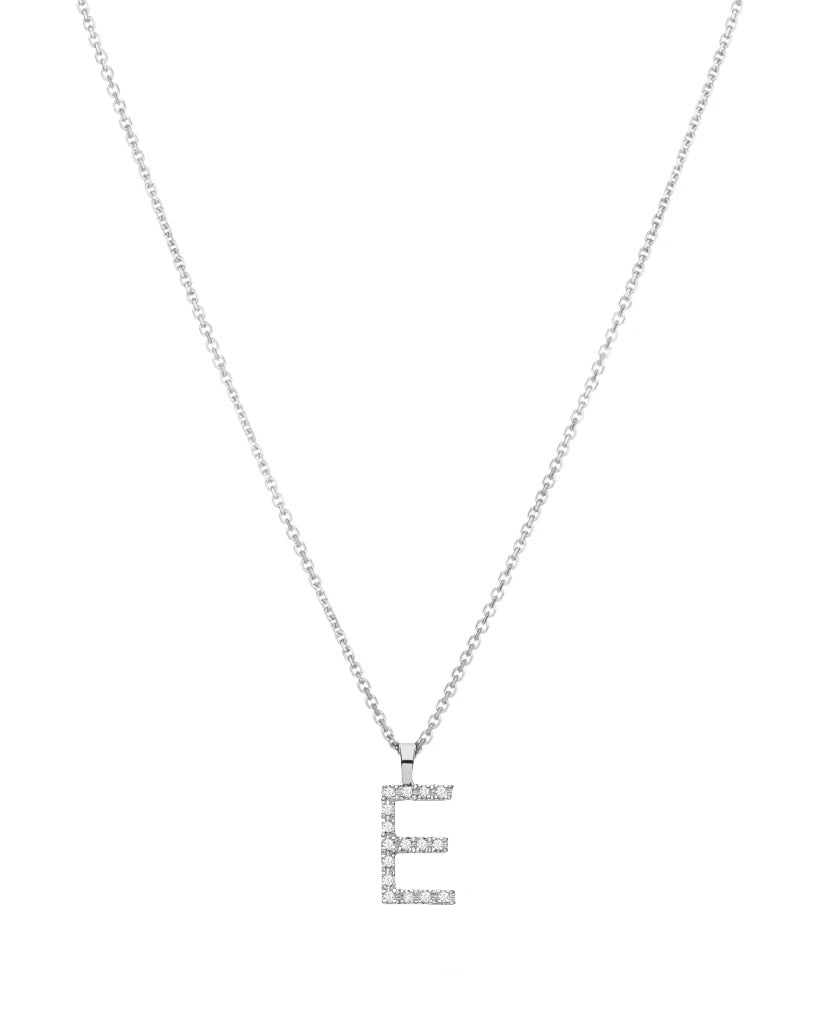 Diamond initial necklace (E) in 9ct white or yellow gold.