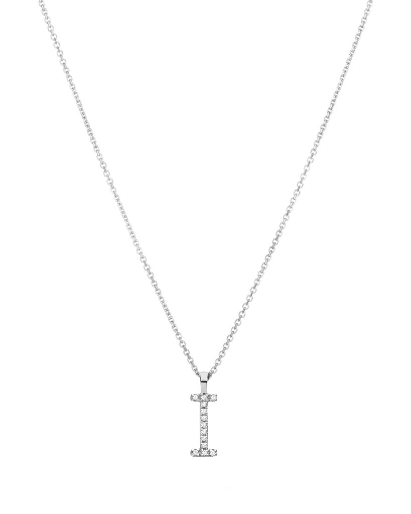 Diamond initial necklace (I) in 9ct white or yellow gold.