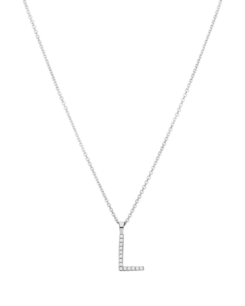 Diamond initial necklace (L) in 9ct white or yellow gold.