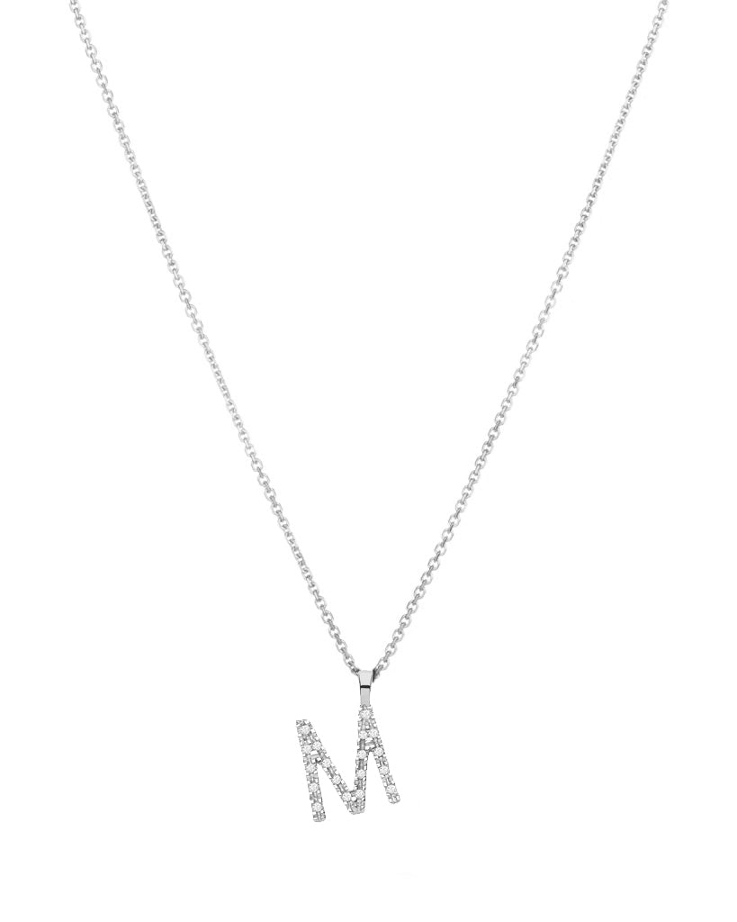 Diamond initial necklace (M) in 9ct white or yellow gold.