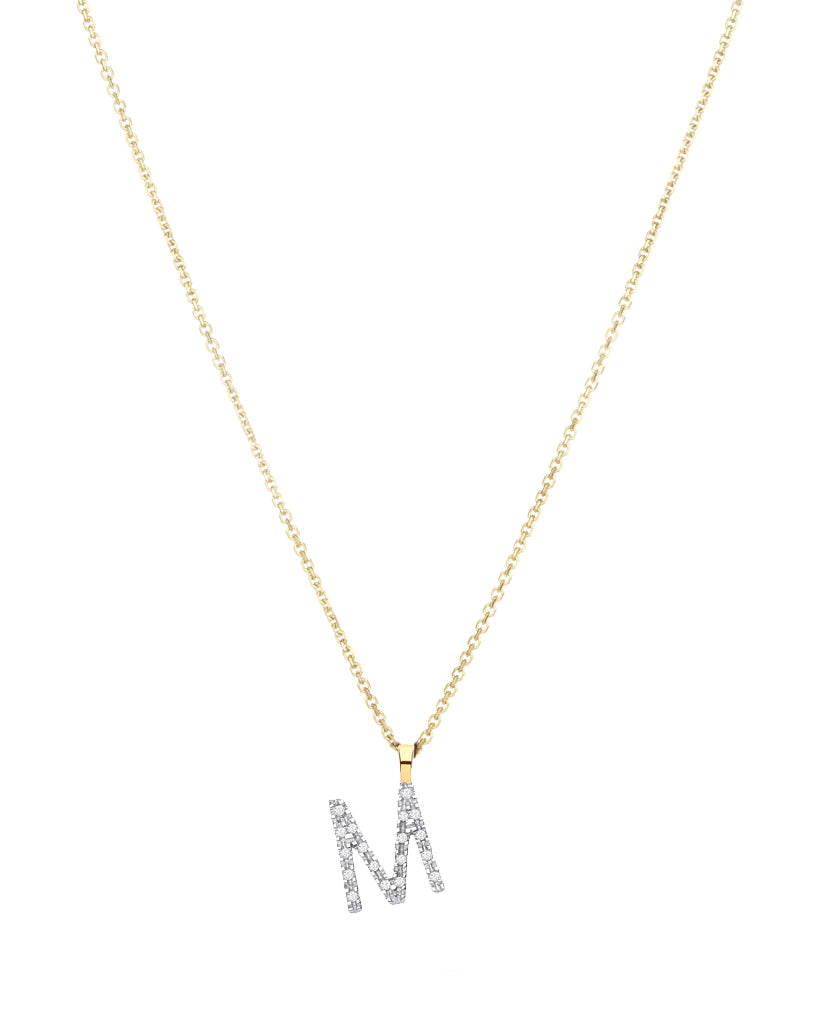 Diamond initial necklace (M) in 9ct white or yellow gold.