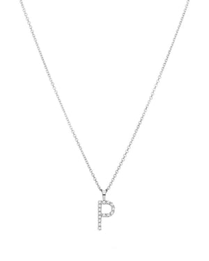 Diamond initial necklace (P) in 9ct white or yellow gold.