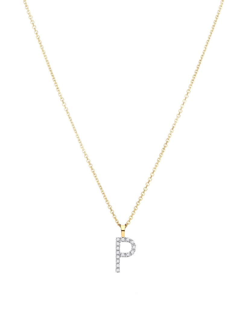 Diamond initial necklace (P) in 9ct white or yellow gold.