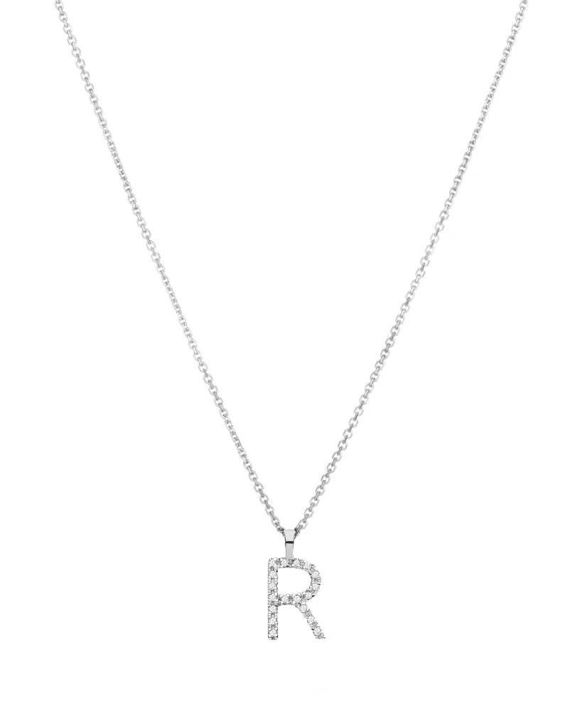 Diamond initial necklace (R) in 9ct white or yellow gold.