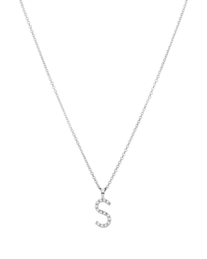 Diamond initial necklace (S) in 9ct white or yellow gold.