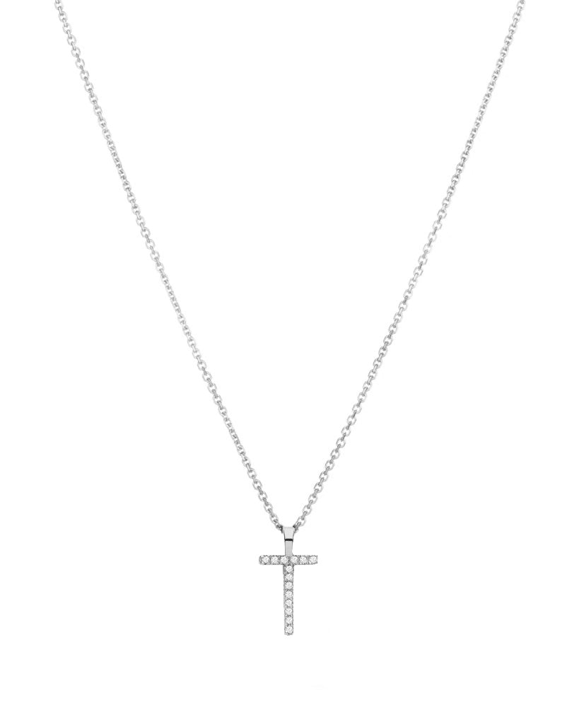 Diamond initial necklace (T) in 9ct white or yellow gold.