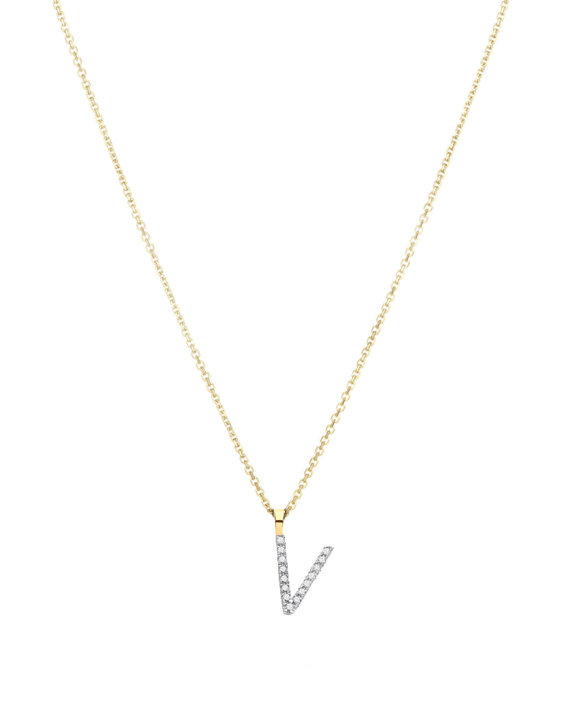 Diamond initial necklace (V) in 9ct white or yellow gold.
