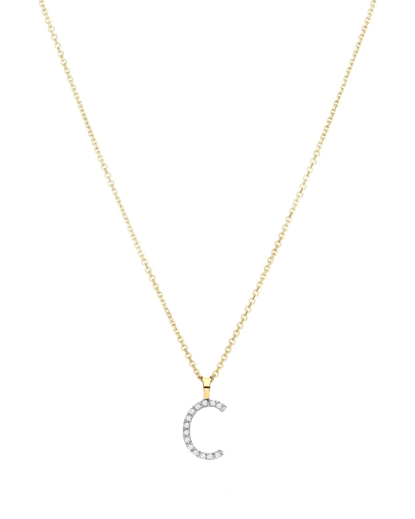 Diamond initial necklace (C) in 9ct white or yellow gold.