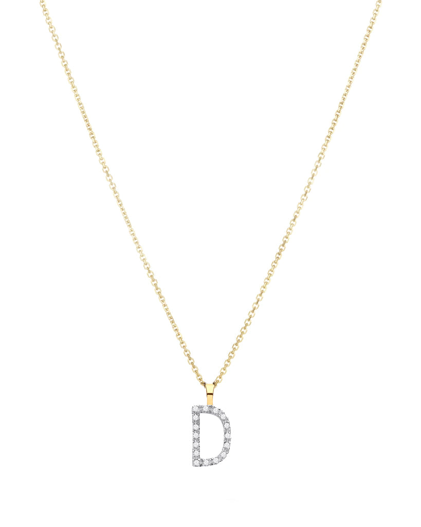 Diamond initial necklace (D) in 9ct white or yellow gold.