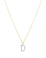 Diamond initial necklace (D) in 9ct white or yellow gold.