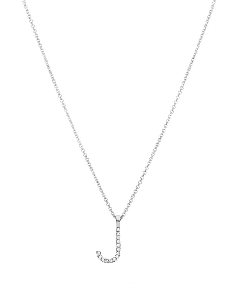 Diamond initial necklace (J) in 9ct white or yellow gold.