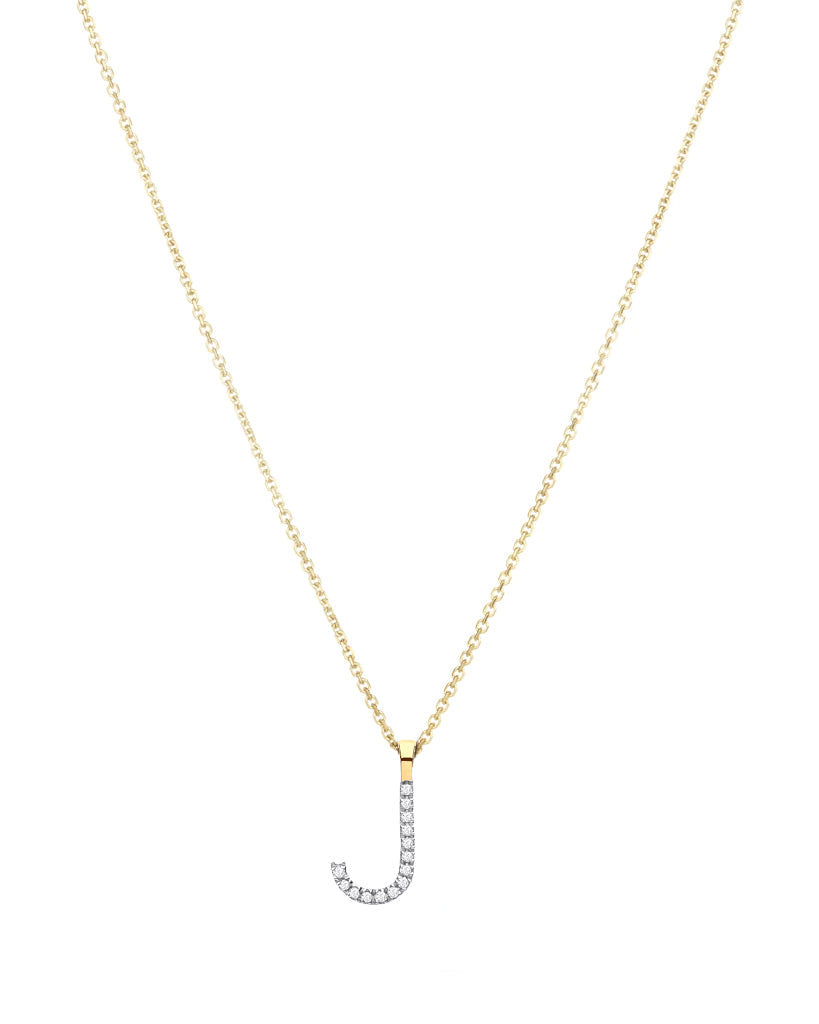 Diamond initial necklace (J) in 9ct white or yellow gold.