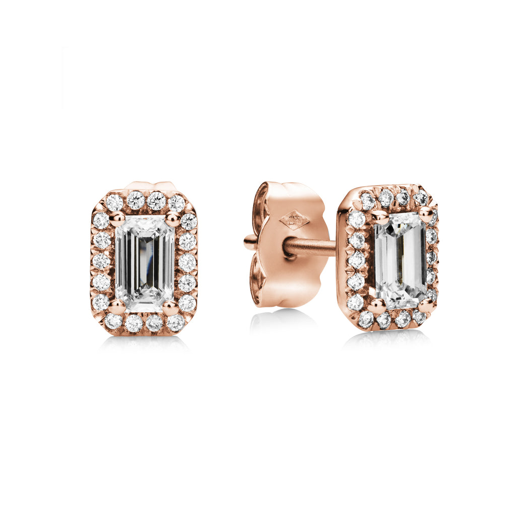 emerald cut diamond earrings with halo of diamonds in 18ct  rose gold