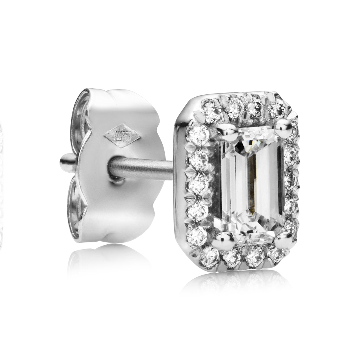 emerald cut diamond earrings with diamond halo in 18ct  white gold