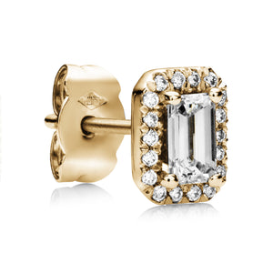 emerald cut diamond earrings with halo of diamonds in 18ct  yellow gold
